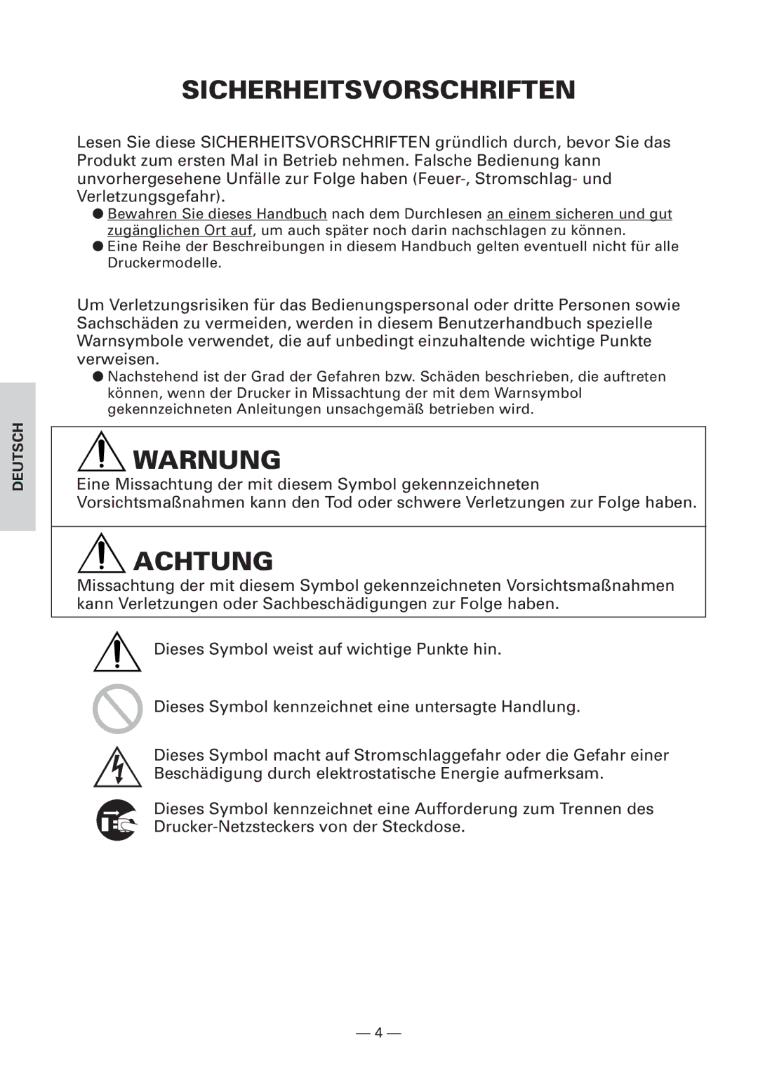 Citizen Systems CBM1000 user manual Sicherheitsvorschriften, Warnung, Achtung 