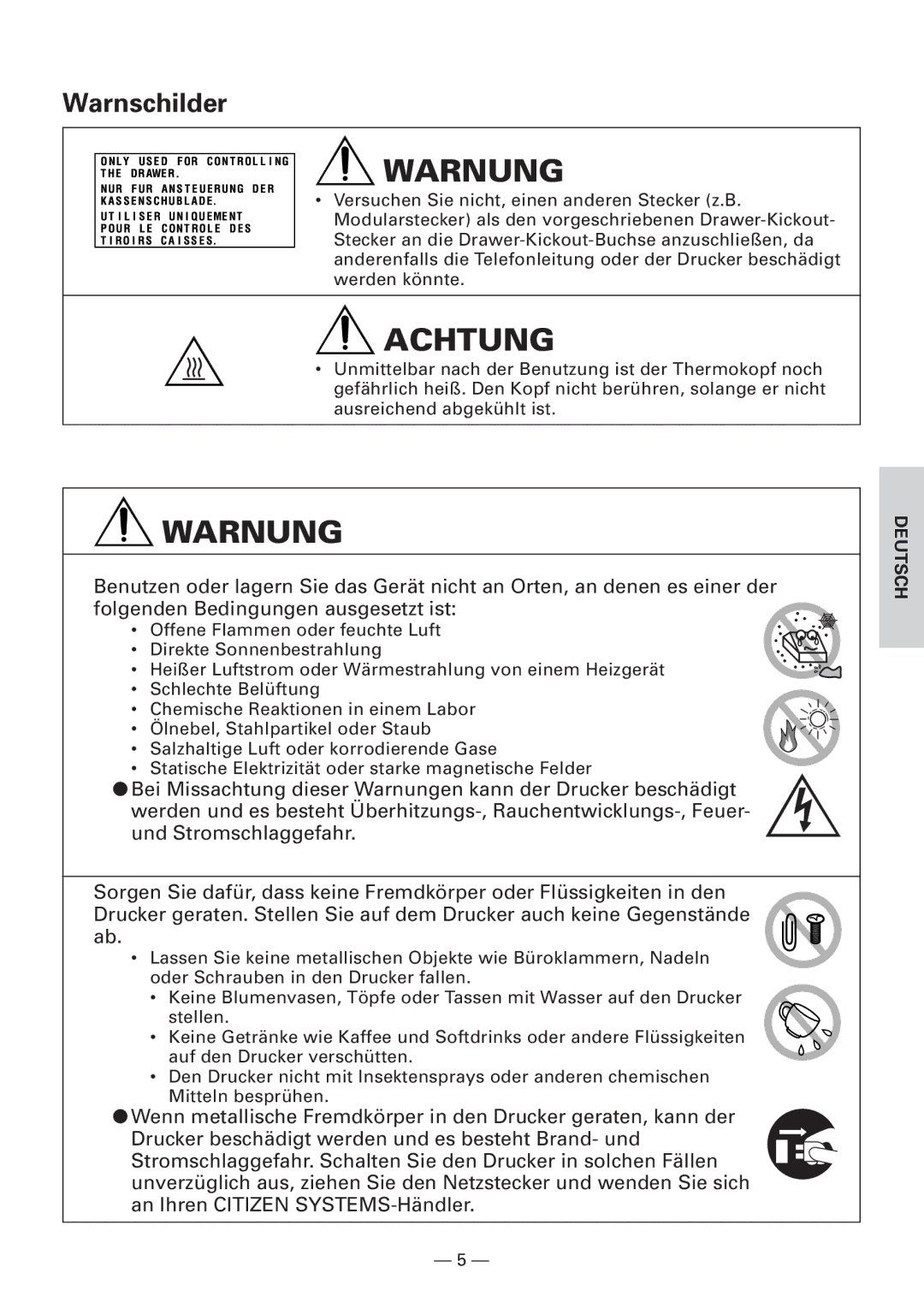 Citizen Systems CBM1000 user manual Warnschilder 