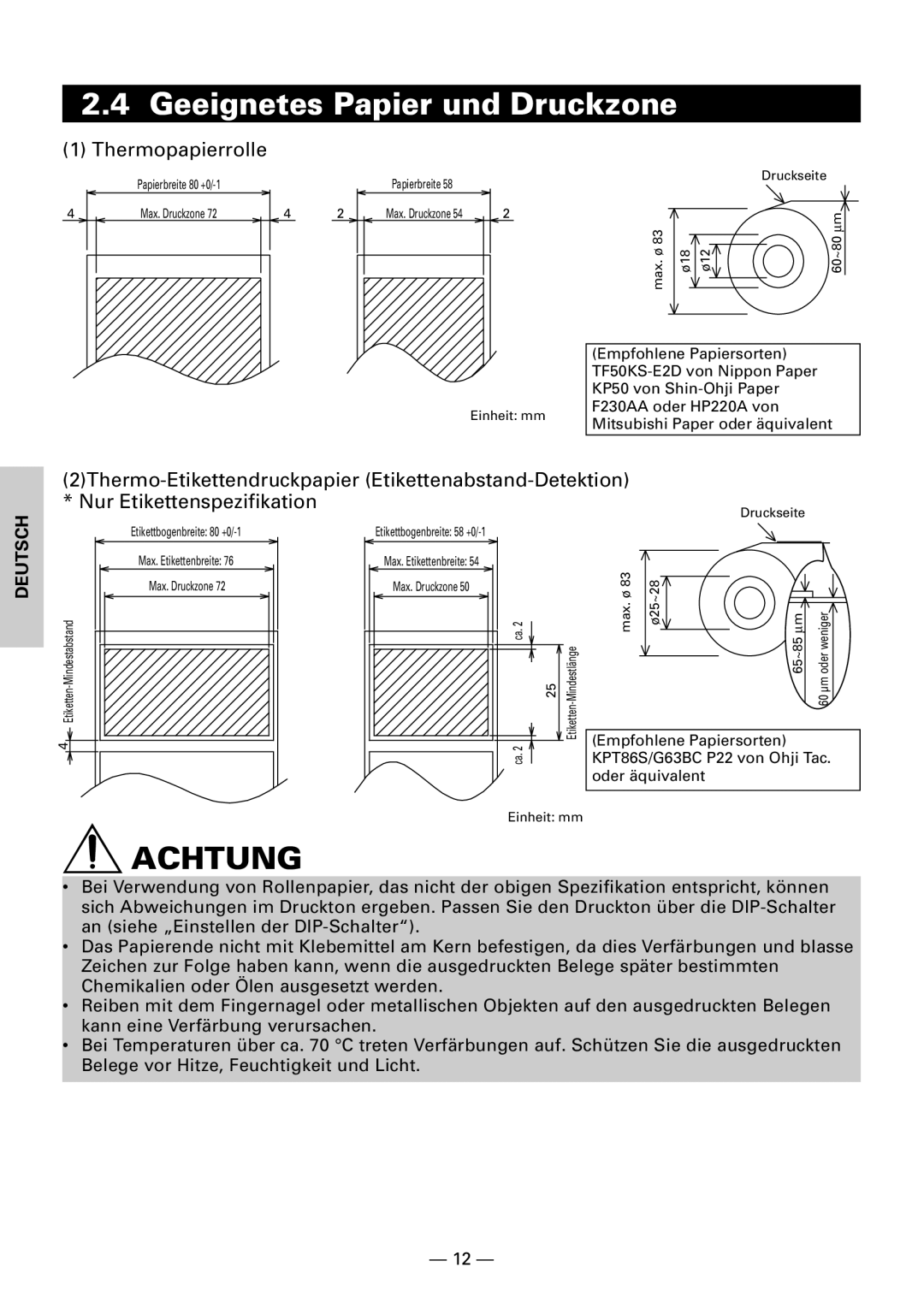 Citizen Systems CBM1000 user manual Geeignetes Papier und Druckzone, Thermopapierrolle 