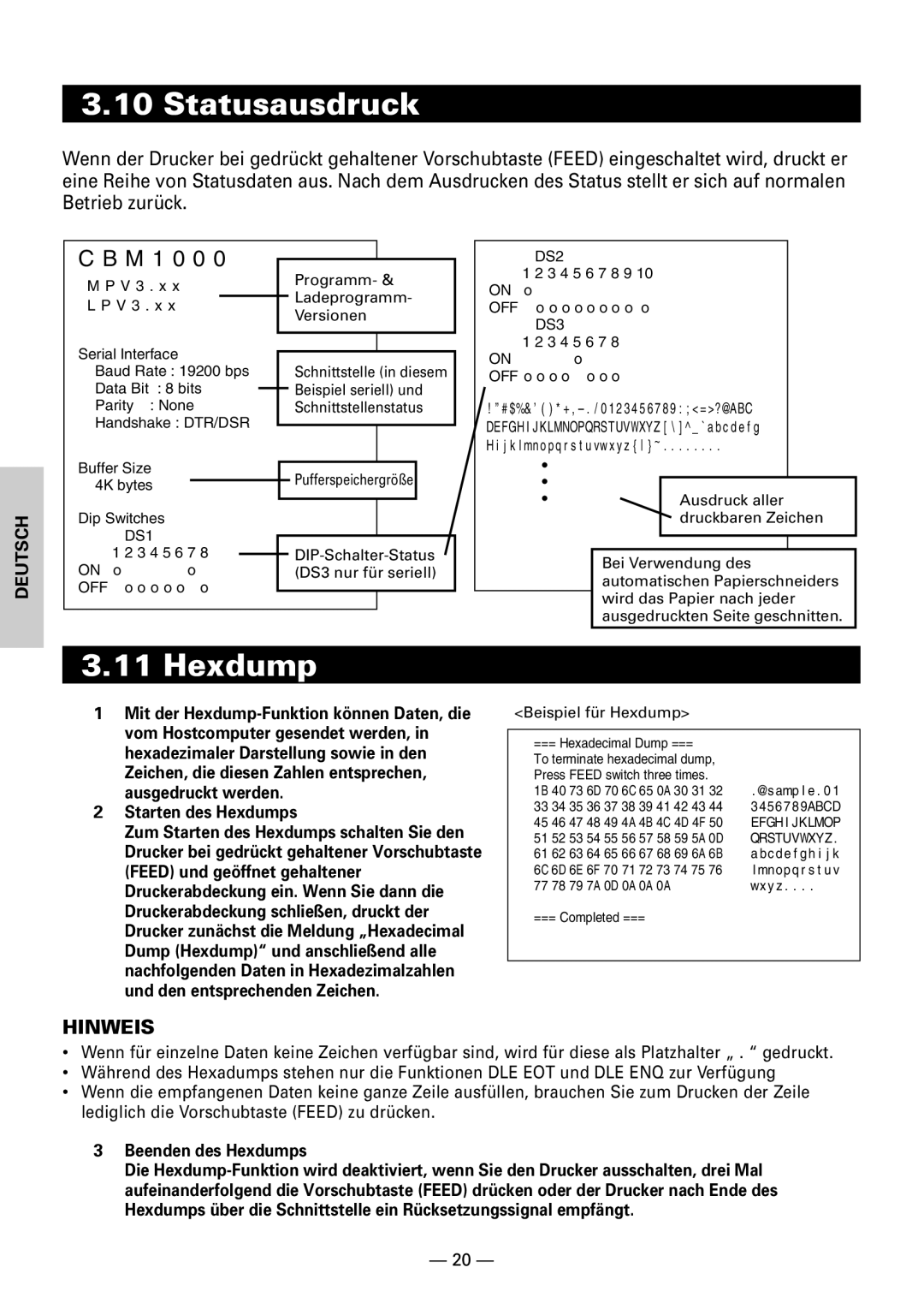 Citizen Systems CBM1000 user manual Statusausdruck, Starten des Hexdumps, Beenden des Hexdumps 