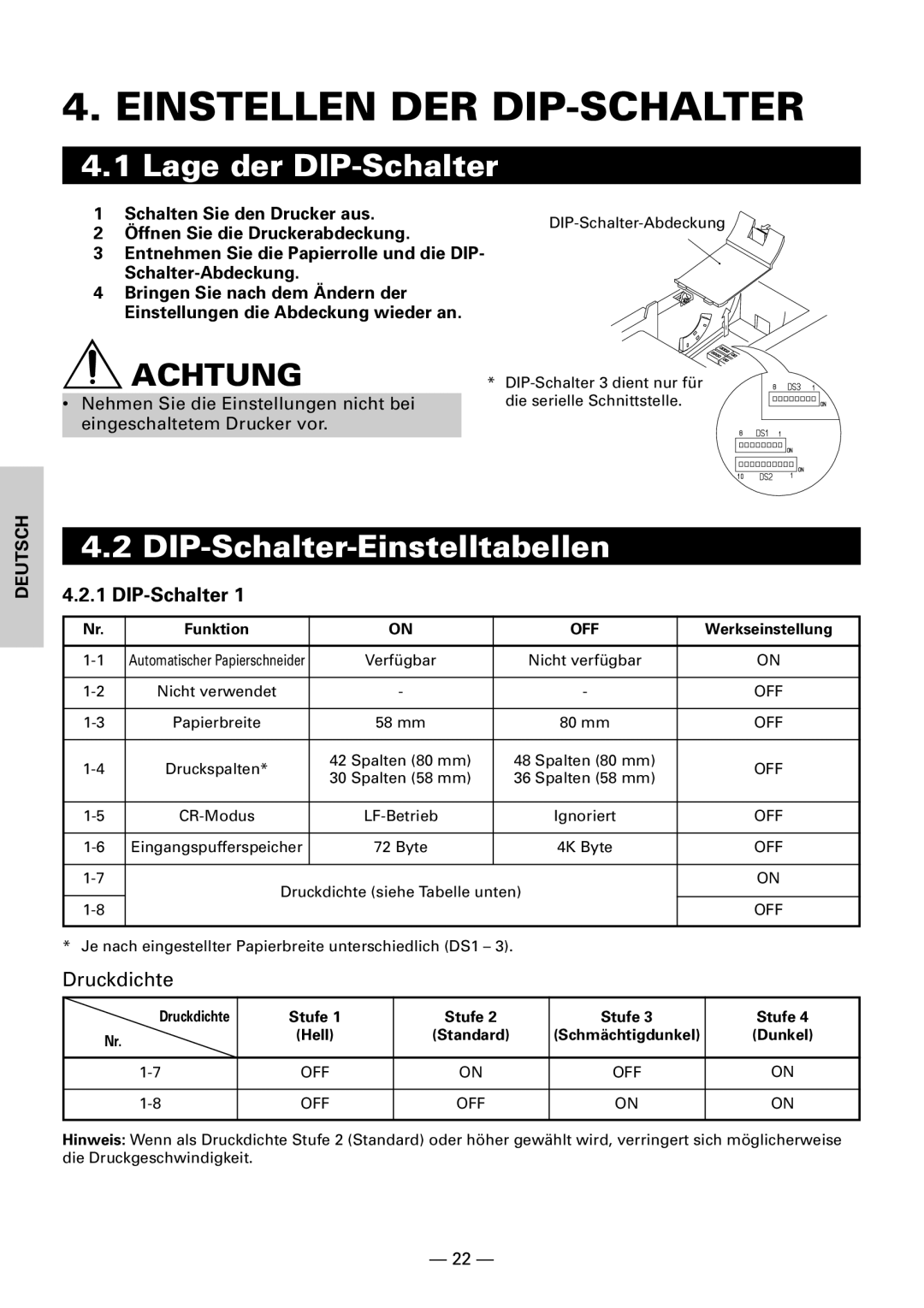 Citizen Systems CBM1000 Einstellen DER DIP-SCHALTER, Lage der DIP-Schalter, DIP-Schalter-Einstelltabellen, Druckdichte 