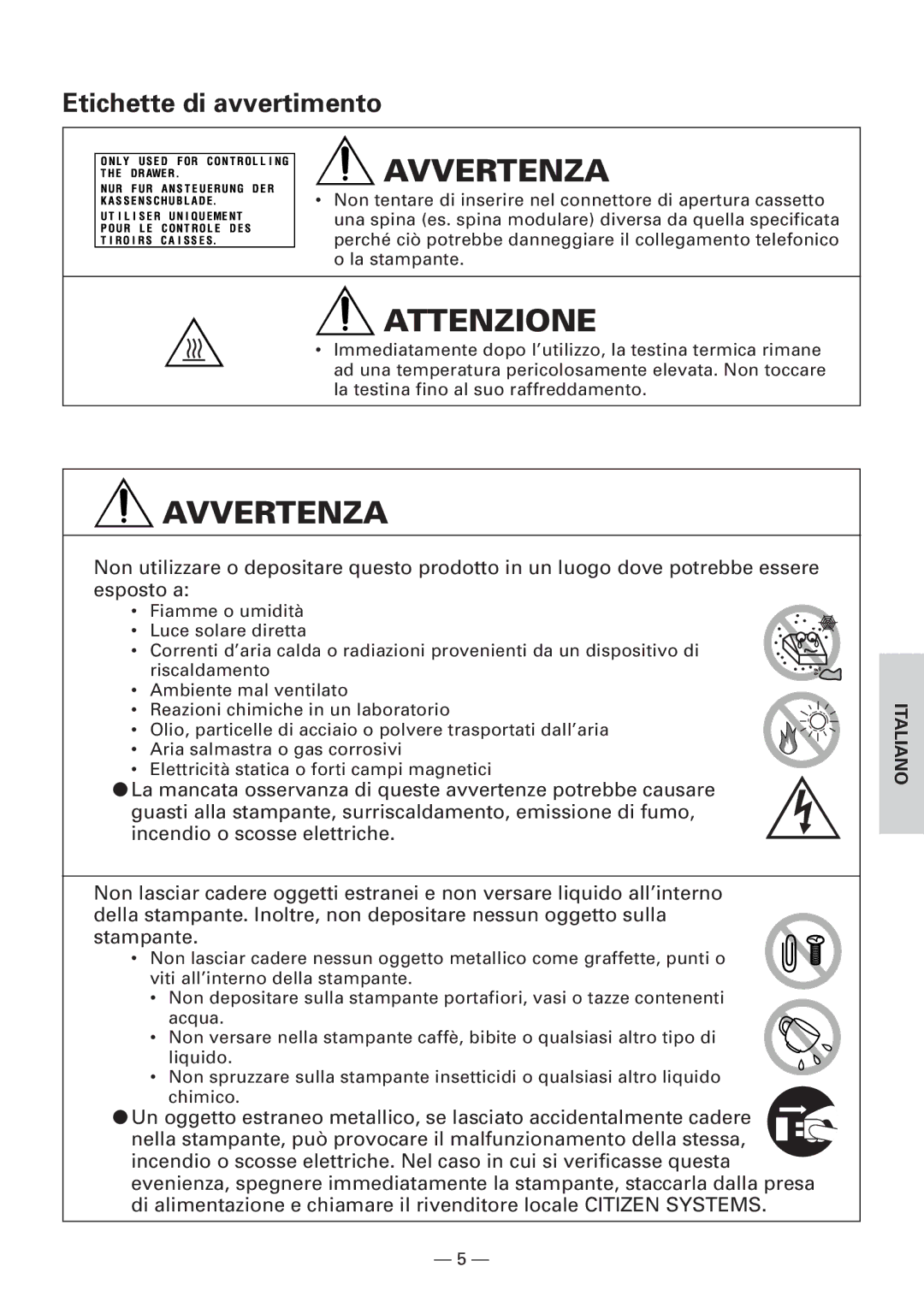 Citizen Systems CBM1000 user manual Etichette di avvertimento 