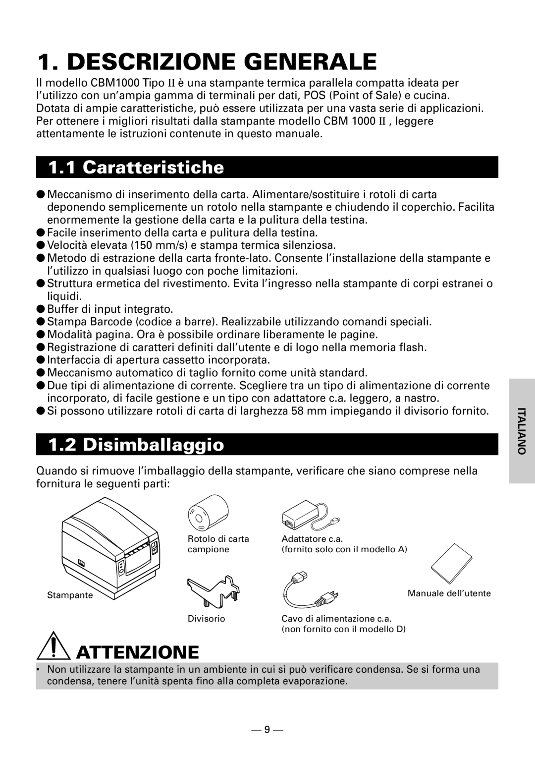 Citizen Systems CBM1000 user manual Descrizione Generale, Caratteristiche, Disimballaggio 