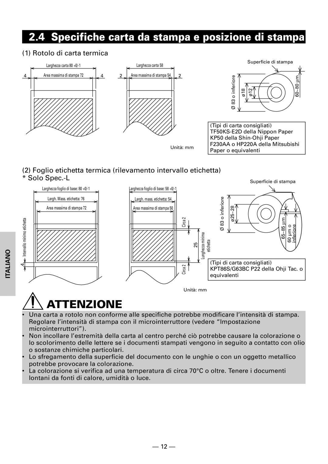 Citizen Systems CBM1000 user manual Specifiche carta da stampa e posizione di stampa, Rotolo di carta termica, Solo Spec.-L 