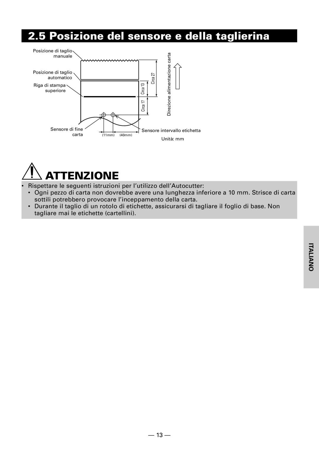 Citizen Systems CBM1000 user manual Posizione del sensore e della taglierina 