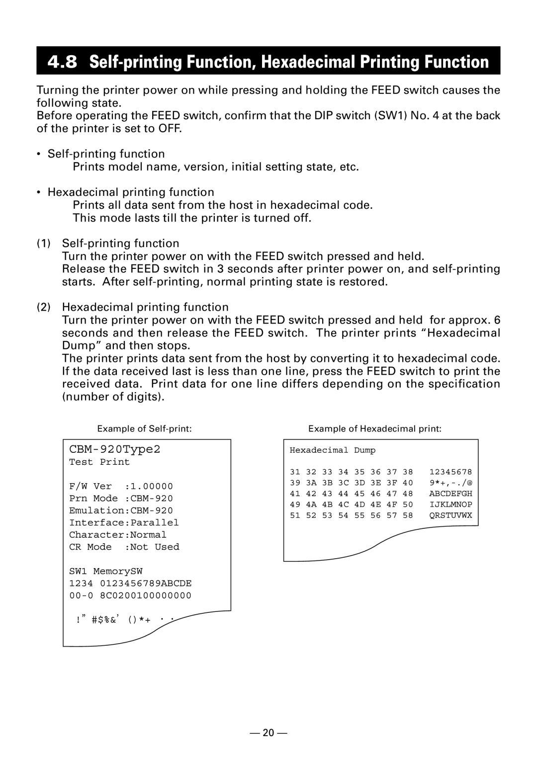 Citizen Systems CBM920II user manual Self-printing Function, Hexadecimal Printing Function 