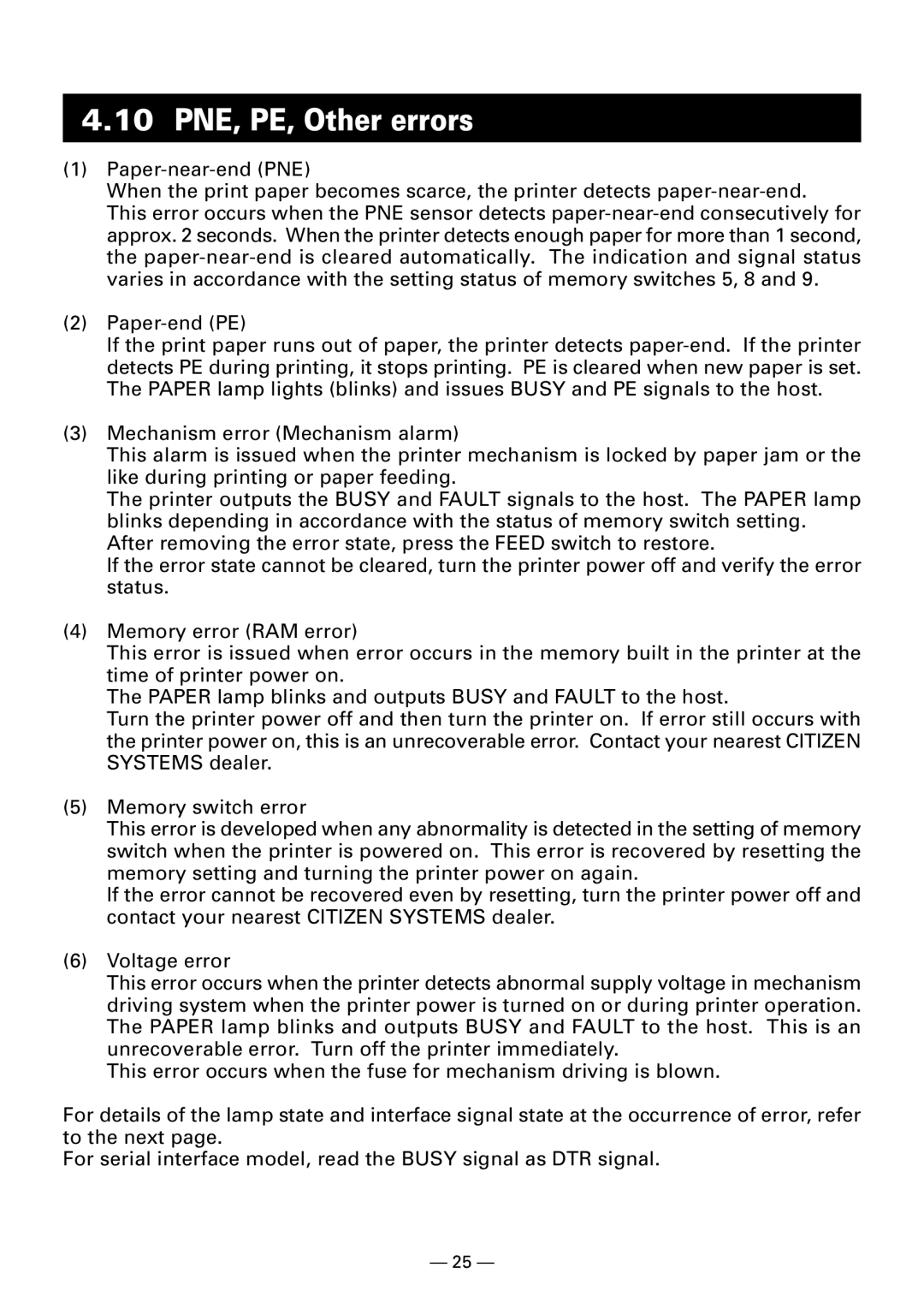 Citizen Systems CBM920II user manual 10 PNE, PE, Other errors 