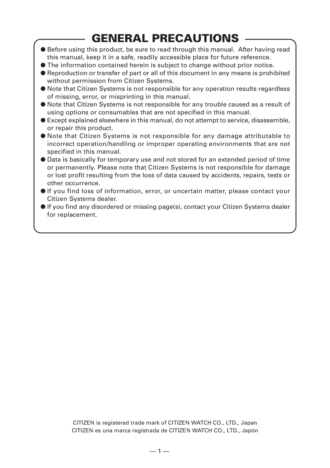 Citizen Systems CBM920II user manual General Precautions 