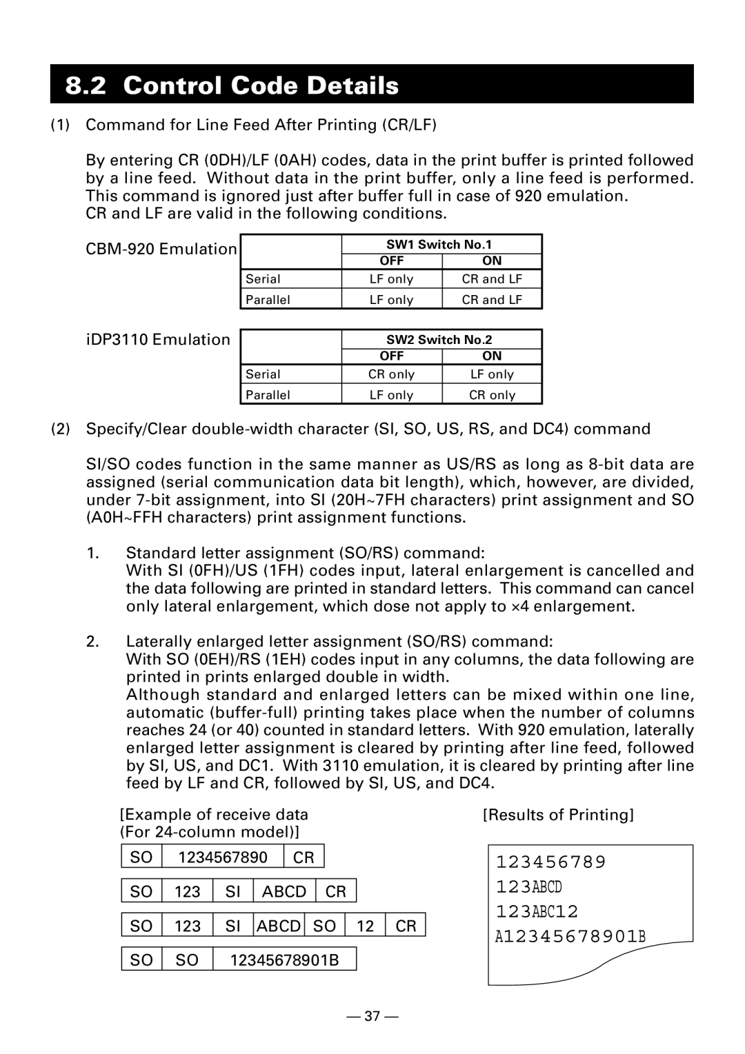 Citizen Systems CBM920II user manual Control Code Details, SW1 Switch No.1, SW2 Switch No.2 