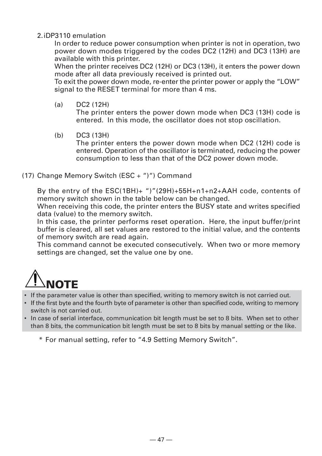 Citizen Systems CBM920II user manual For manual setting, refer to 4.9 Setting Memory Switch 