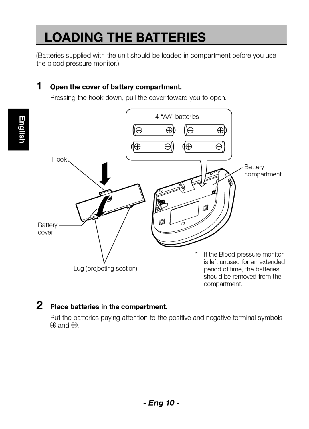 Citizen Systems CH-432BS Loading the Batteries, Open the cover of battery compartment, Place batteries in the compartment 