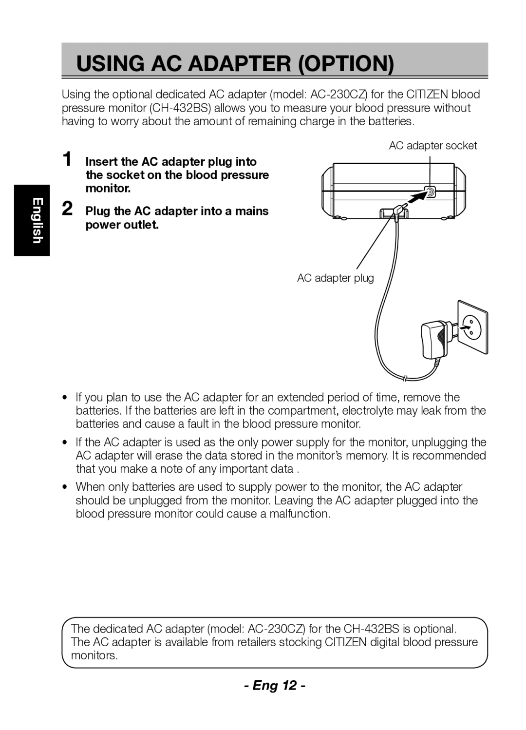 Citizen Systems CH-432BS instruction manual Using AC Adapter Option 