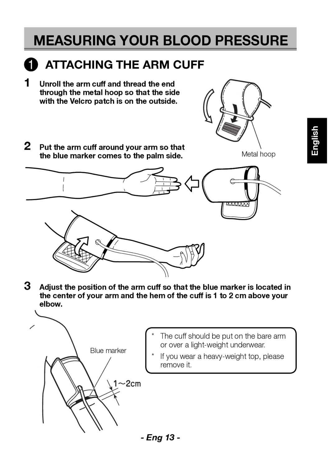 Citizen Systems CH-432BS instruction manual Measuring Your Blood Pressure, Blue marker comes to the palm side 