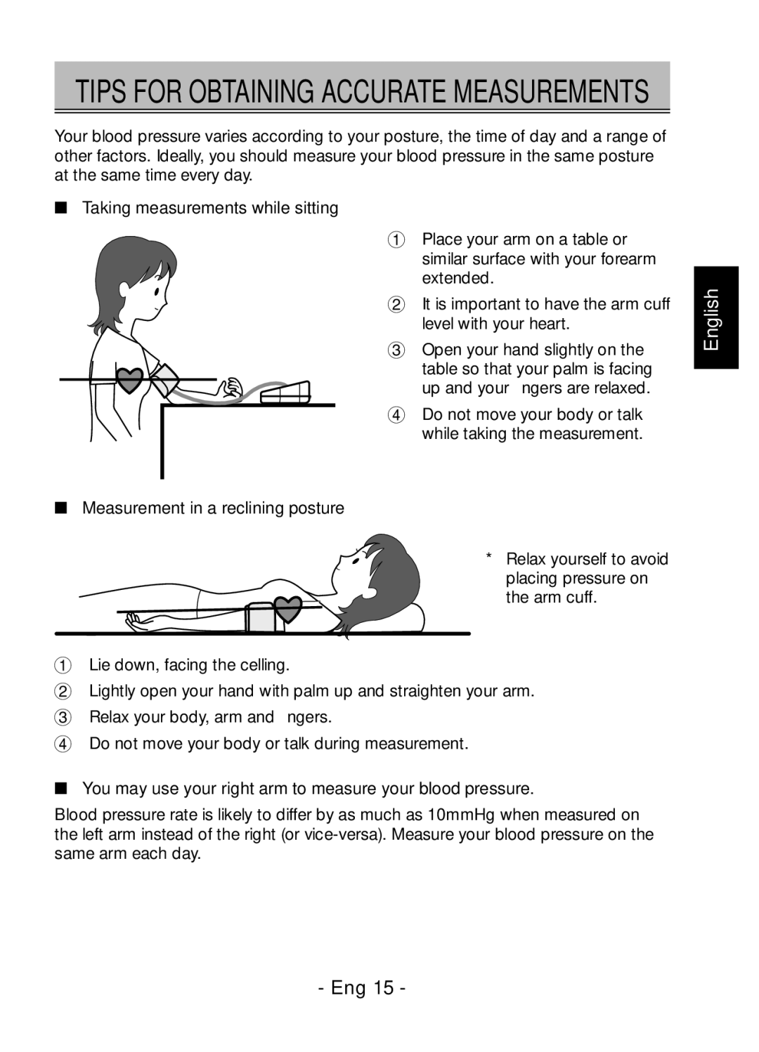 Citizen Systems CH-432BS instruction manual Taking measurements while sitting, Measurement in a reclining posture 