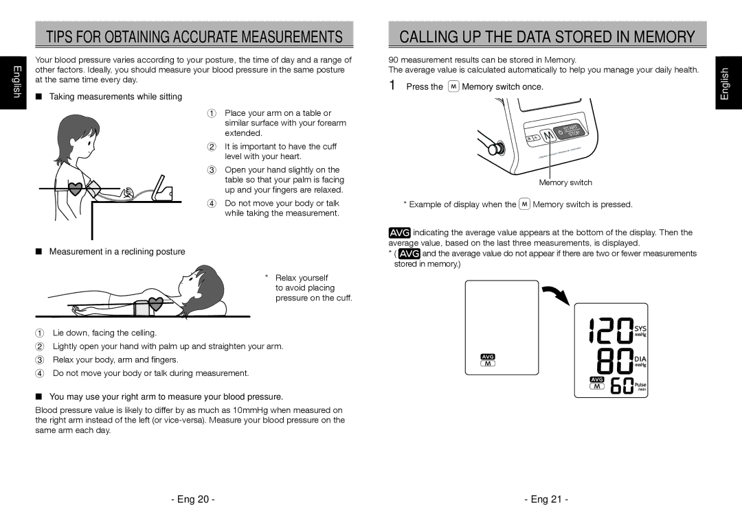 Citizen Systems CH-456 Taking measurements while sitting, Measurement in a reclining posture, Press the Memory switch once 