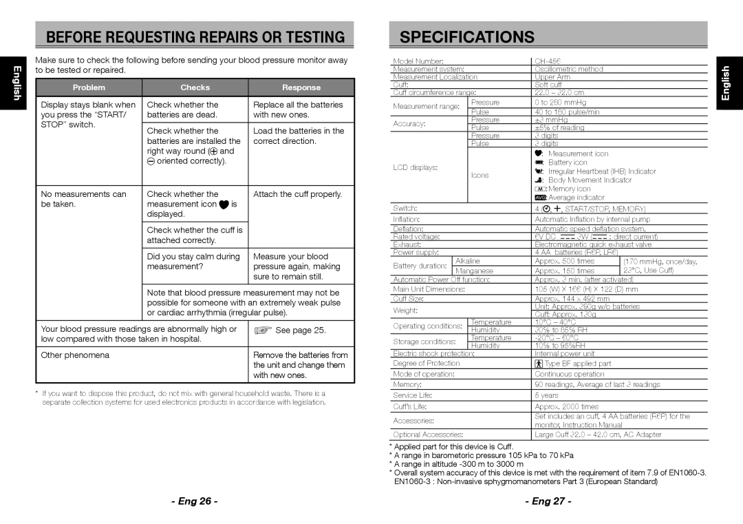 Citizen Systems CH-456 instruction manual Before Requesting Repairs or Testing, Specifications, Unit and change them 