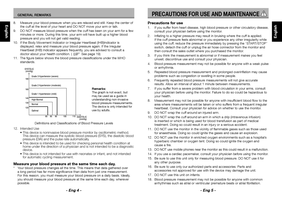 Citizen Systems CH-456 Measure your blood pressure at the same time each day, Precautions for use, Remarks 