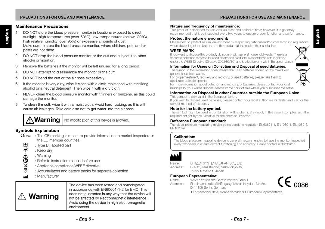 Citizen Systems CH-456 instruction manual Maintenance Precautions, Symbols Explanation 