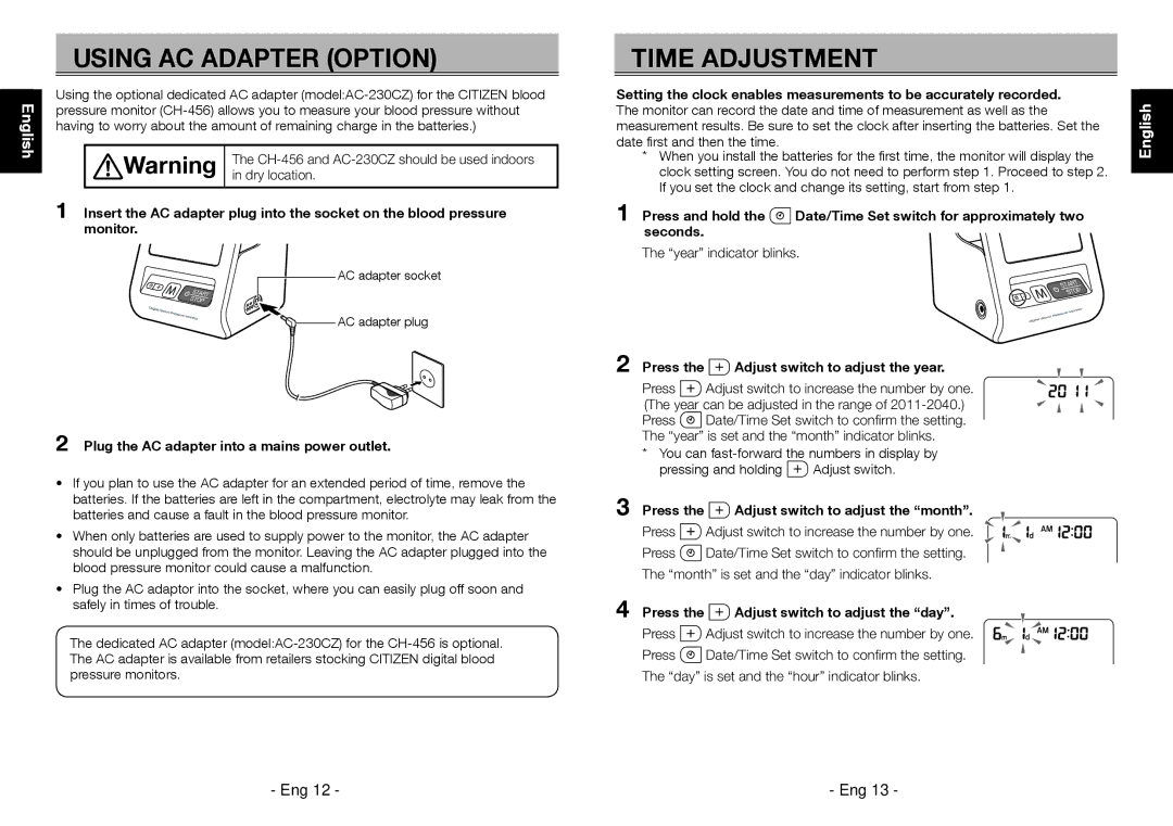 Citizen Systems CH-456 instruction manual Using AC Adapter Option, Time Adjustment 