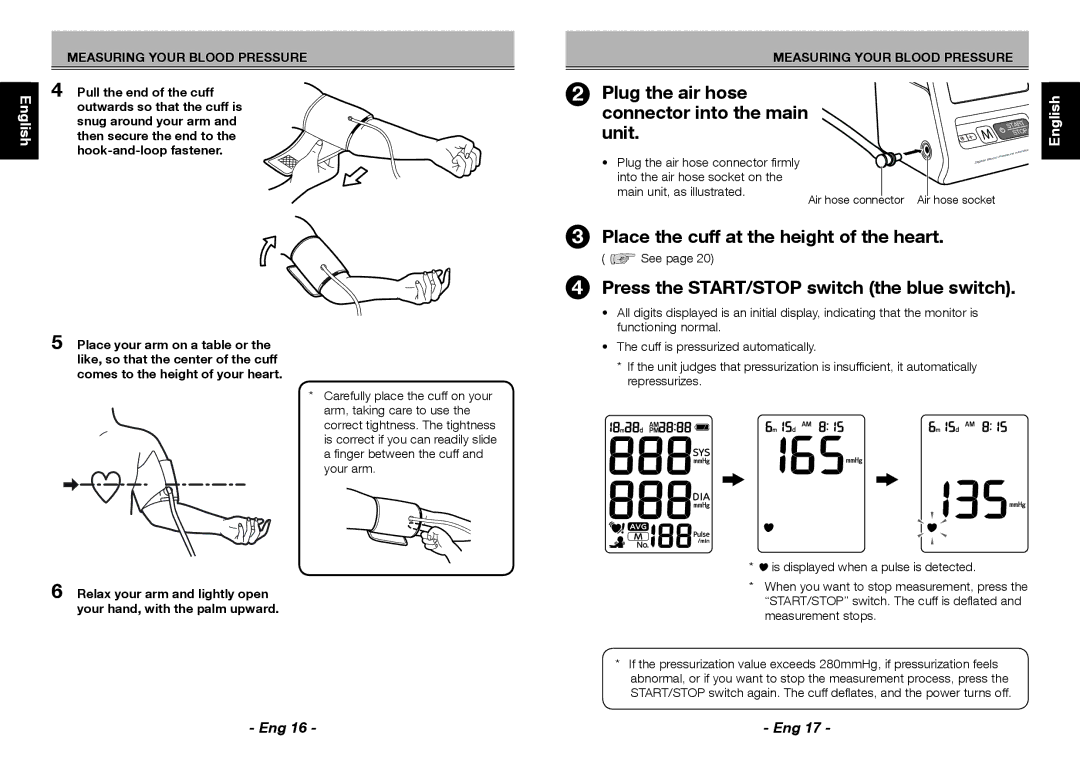 Citizen Systems CH-456 instruction manual Place the cuff at the height of the heart 