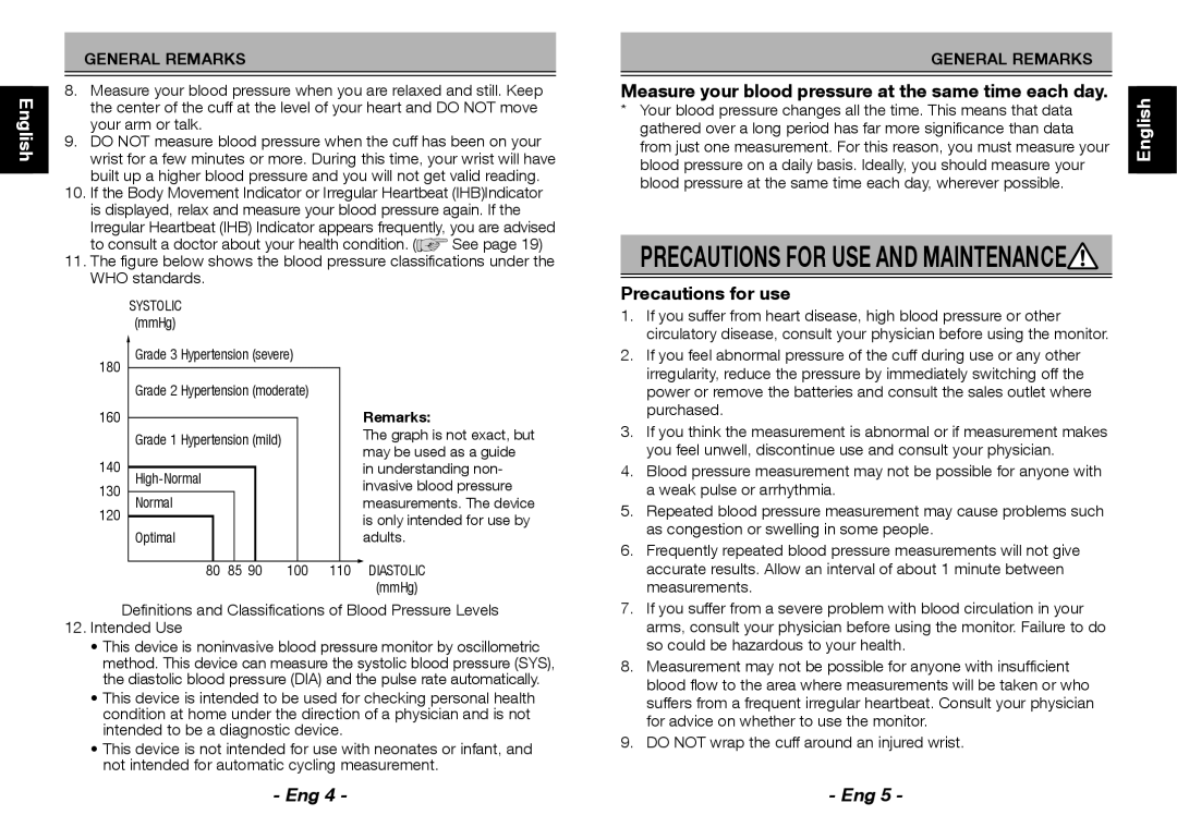 Citizen Systems CH-650 English Español Português Italiano Français 中文, Precautions for use, Systolic, Remarks, Diastolic 