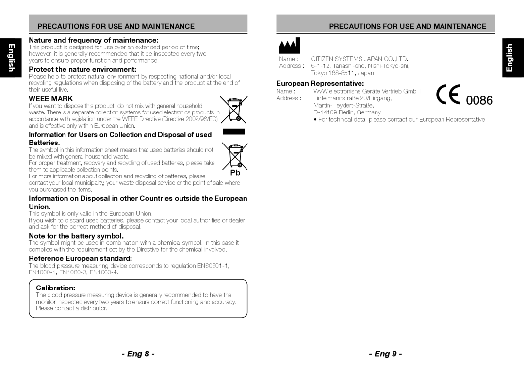 Citizen Systems CH-650 Nature and frequency of maintenance, Protect the nature environment, Reference European standard 