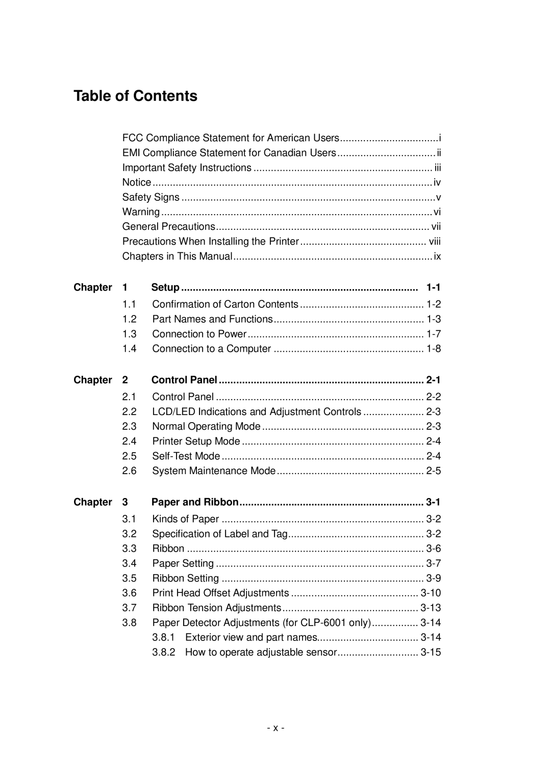 Citizen Systems CLP-6002, CLP-6001 user manual Table of Contents 