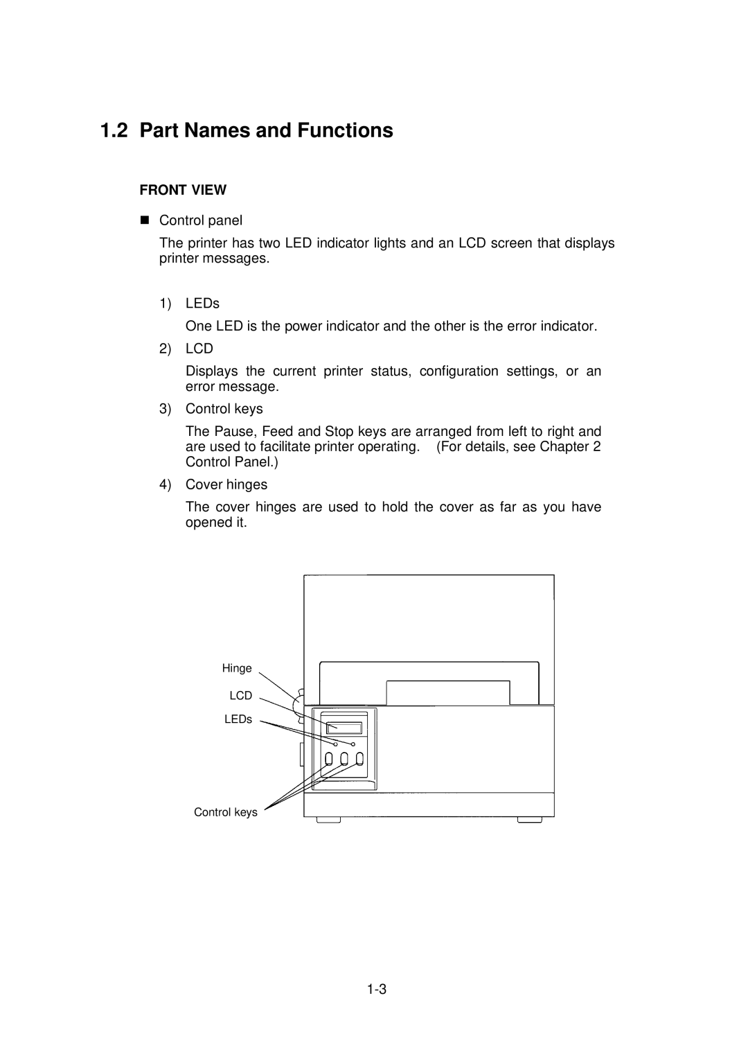 Citizen Systems CLP-6001, CLP-6002 user manual Part Names and Functions, Front View 