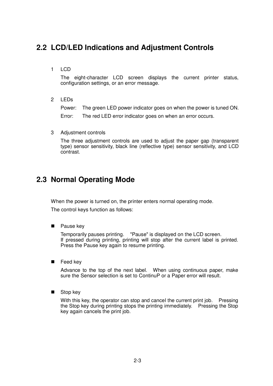 Citizen Systems CLP-6001, CLP-6002 user manual LCD/LED Indications and Adjustment Controls, Normal Operating Mode 