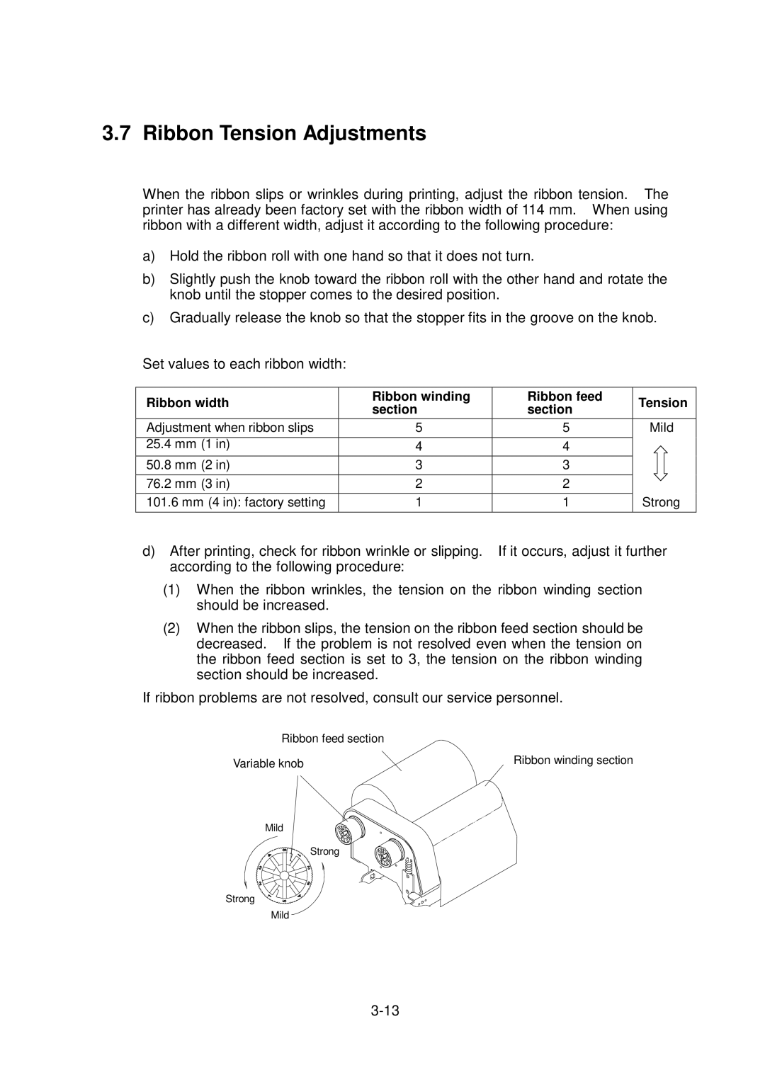 Citizen Systems CLP-6001, CLP-6002 Ribbon Tension Adjustments, Ribbon width Ribbon winding Ribbon feed Tension Section 