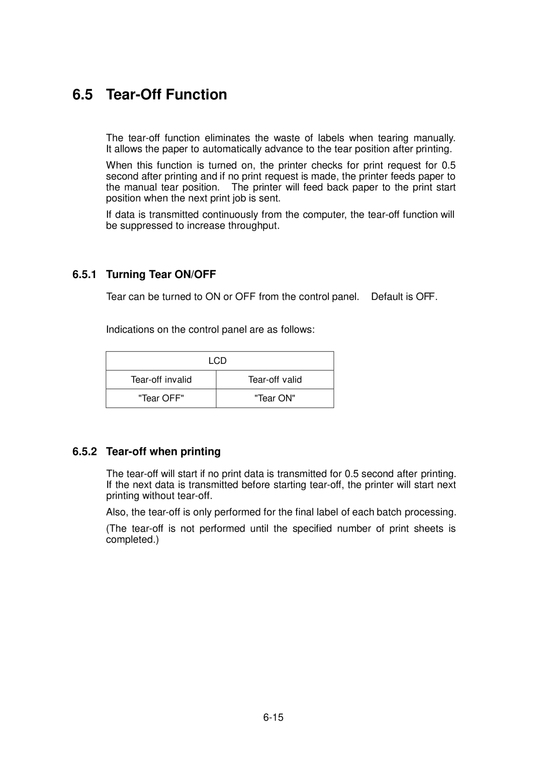 Citizen Systems CLP-6001, CLP-6002 user manual Tear-Off Function, Turning Tear ON/OFF, Tear-off when printing 