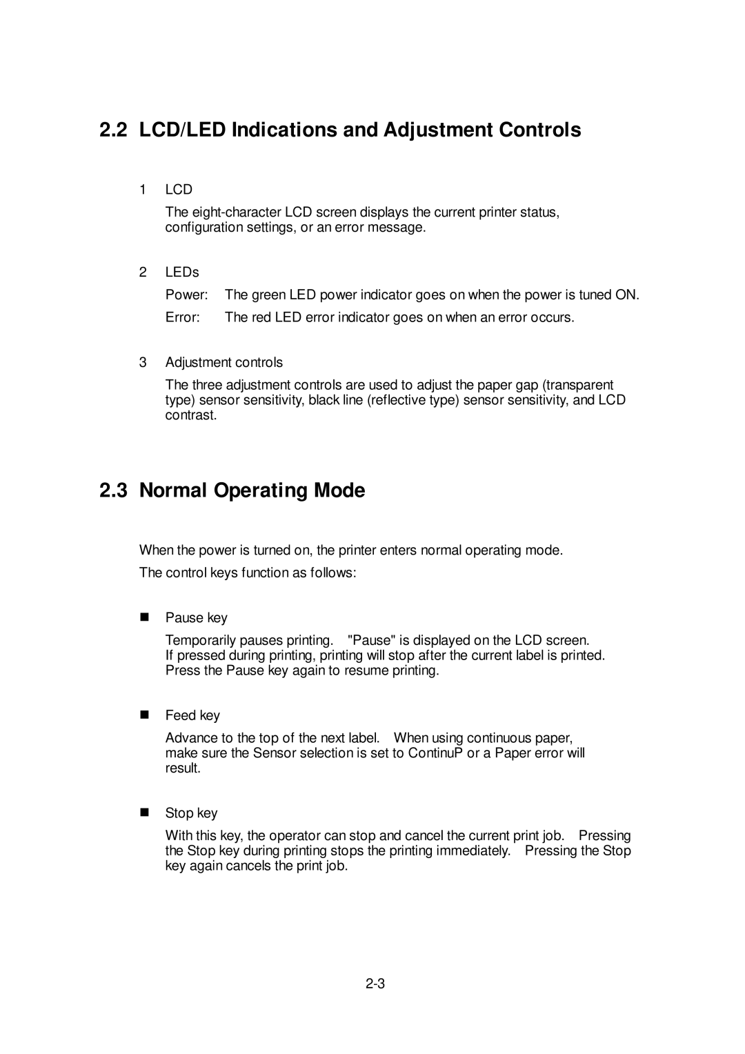 Citizen Systems CLP-6401 user manual LCD/LED Indications and Adjustment Controls, Normal Operating Mode 