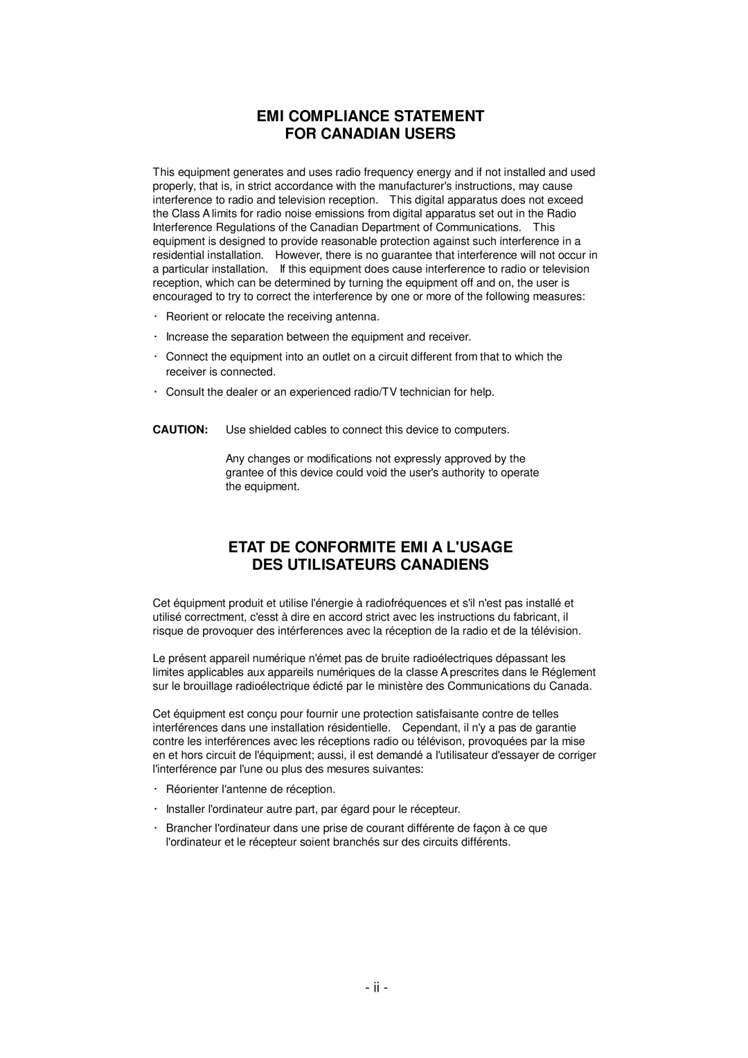 Citizen Systems CLP-6401 user manual EMI Compliance Statement For Canadian Users 