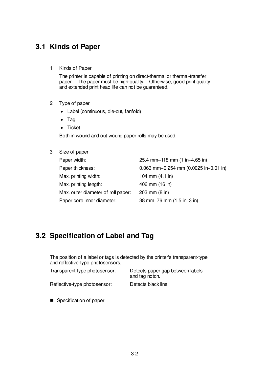 Citizen Systems CLP-6401 user manual Kinds of Paper, Specification of Label and Tag 