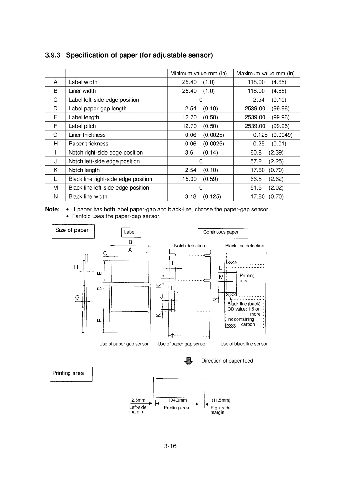 Citizen Systems CLP-6401 user manual Specification of paper for adjustable sensor 