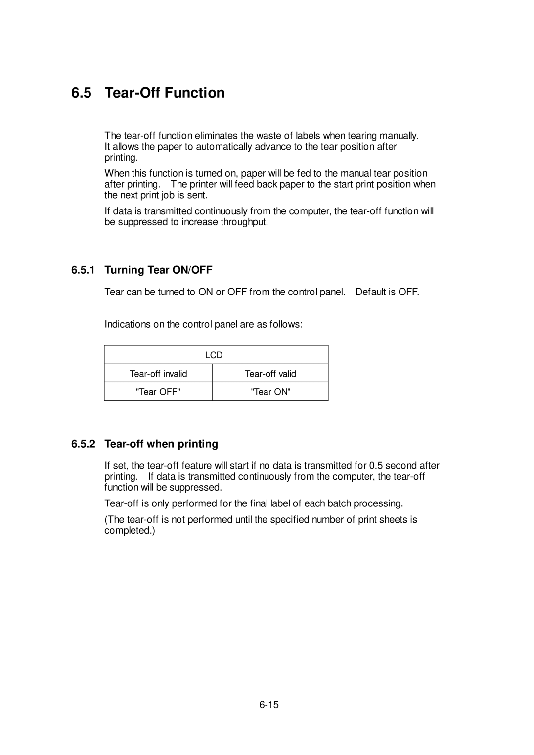 Citizen Systems CLP-6401 user manual Tear-Off Function, Turning Tear ON/OFF, Tear-off when printing 