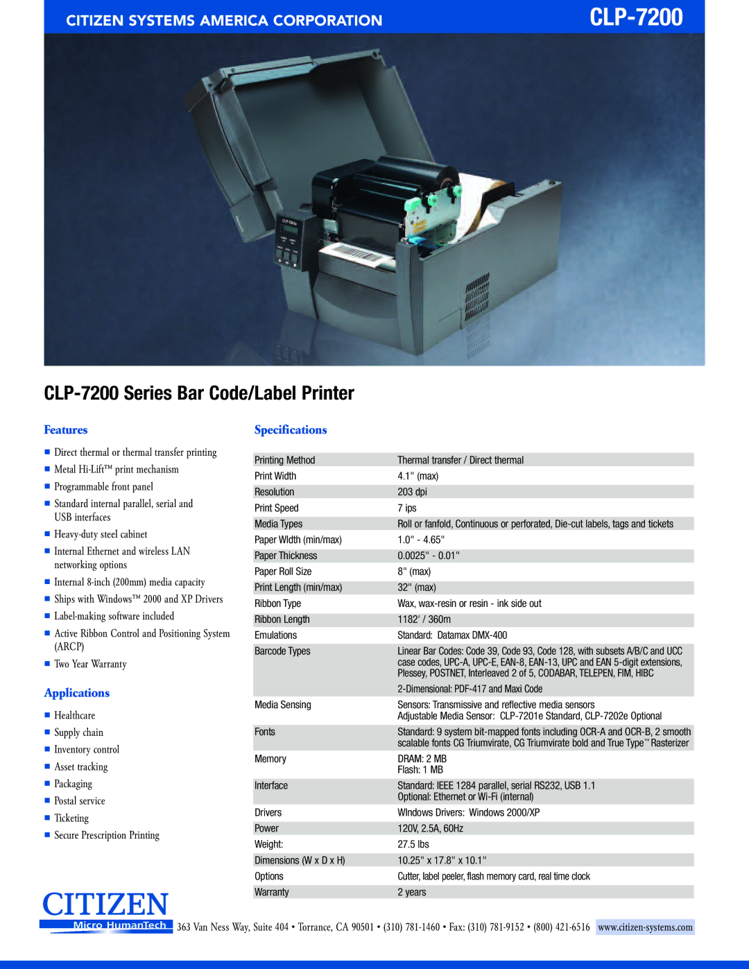 Citizen Systems CLP-7200 Series manual Features, Applications, Specifications, Dram 2 MB 