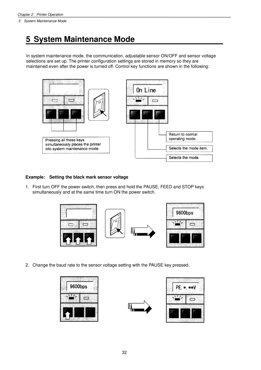 Citizen Systems CLP-7201e user manual System Maintenance Mode, Example Setting the black mark sensor voltage 