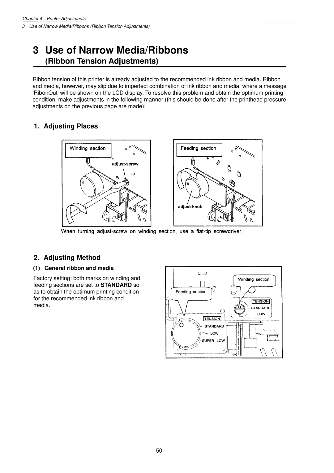 Citizen Systems CLP-7201e user manual Adjusting Places Adjusting Method, General ribbon and media 