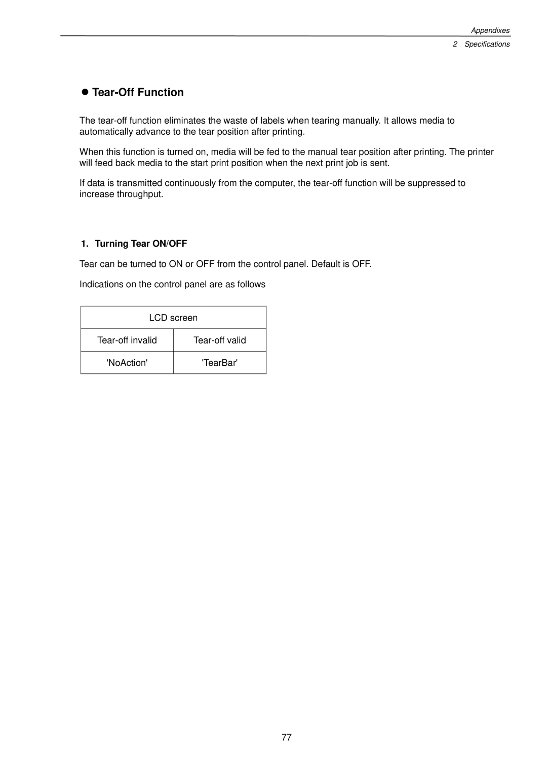 Citizen Systems CLP-7201e user manual Tear-Off Function, Turning Tear ON/OFF 