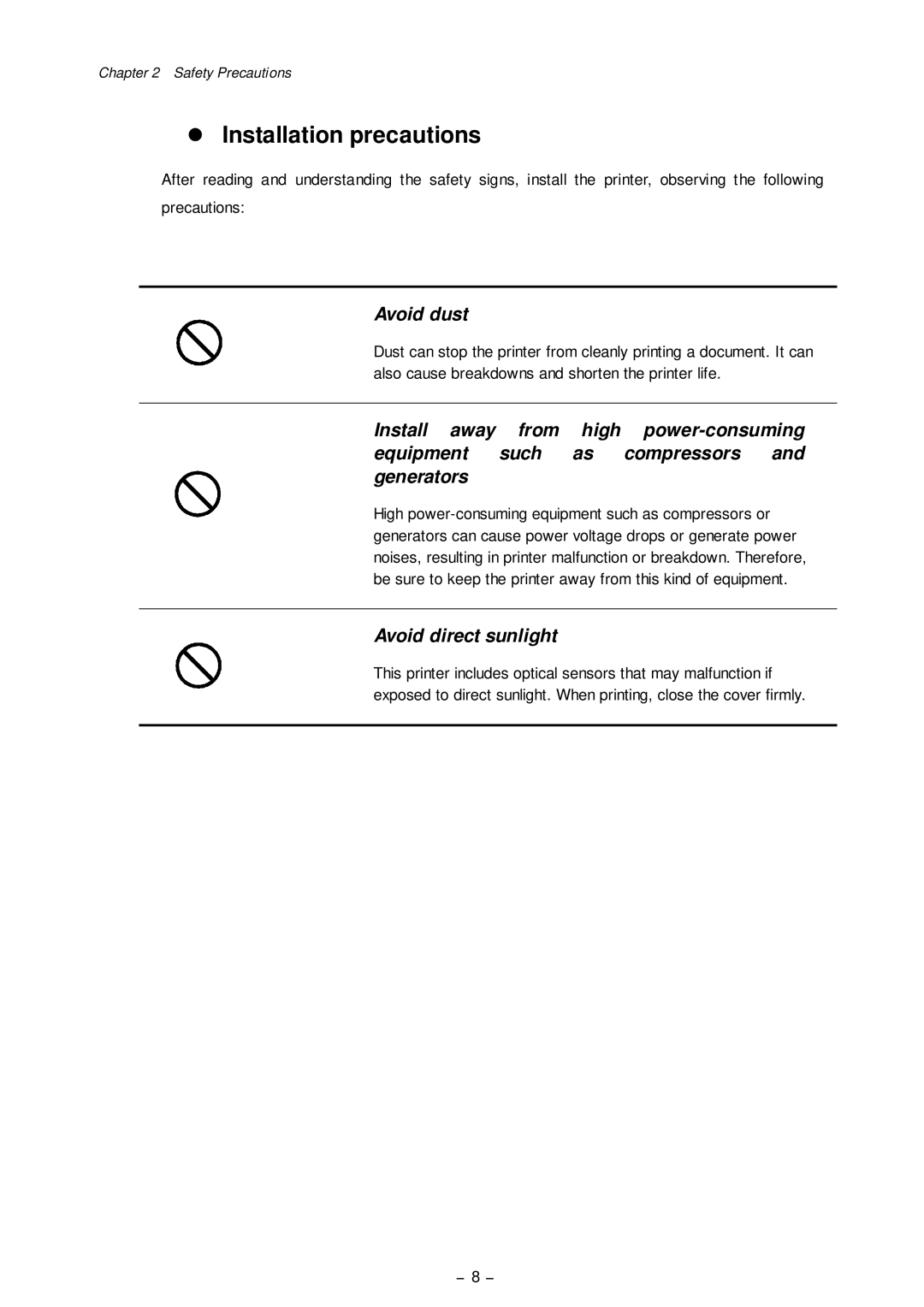 Citizen Systems CLP-8301 user manual Installation precautions 