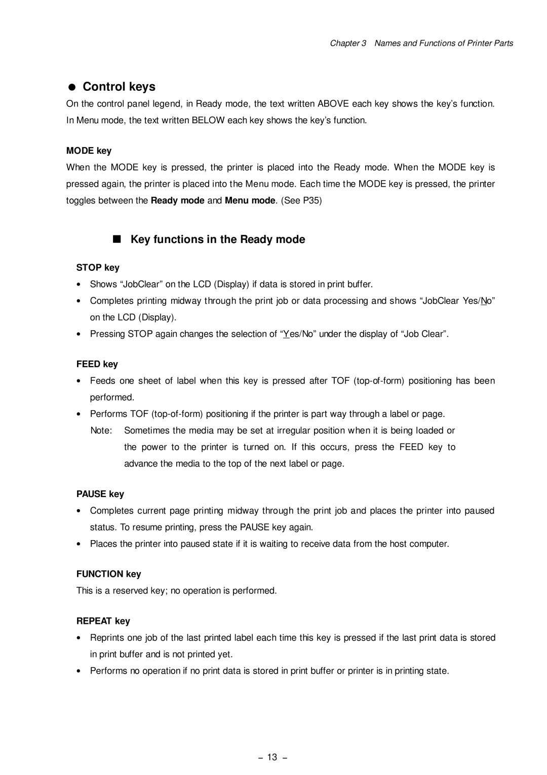 Citizen Systems CLP-8301 user manual Key functions in the Ready mode 