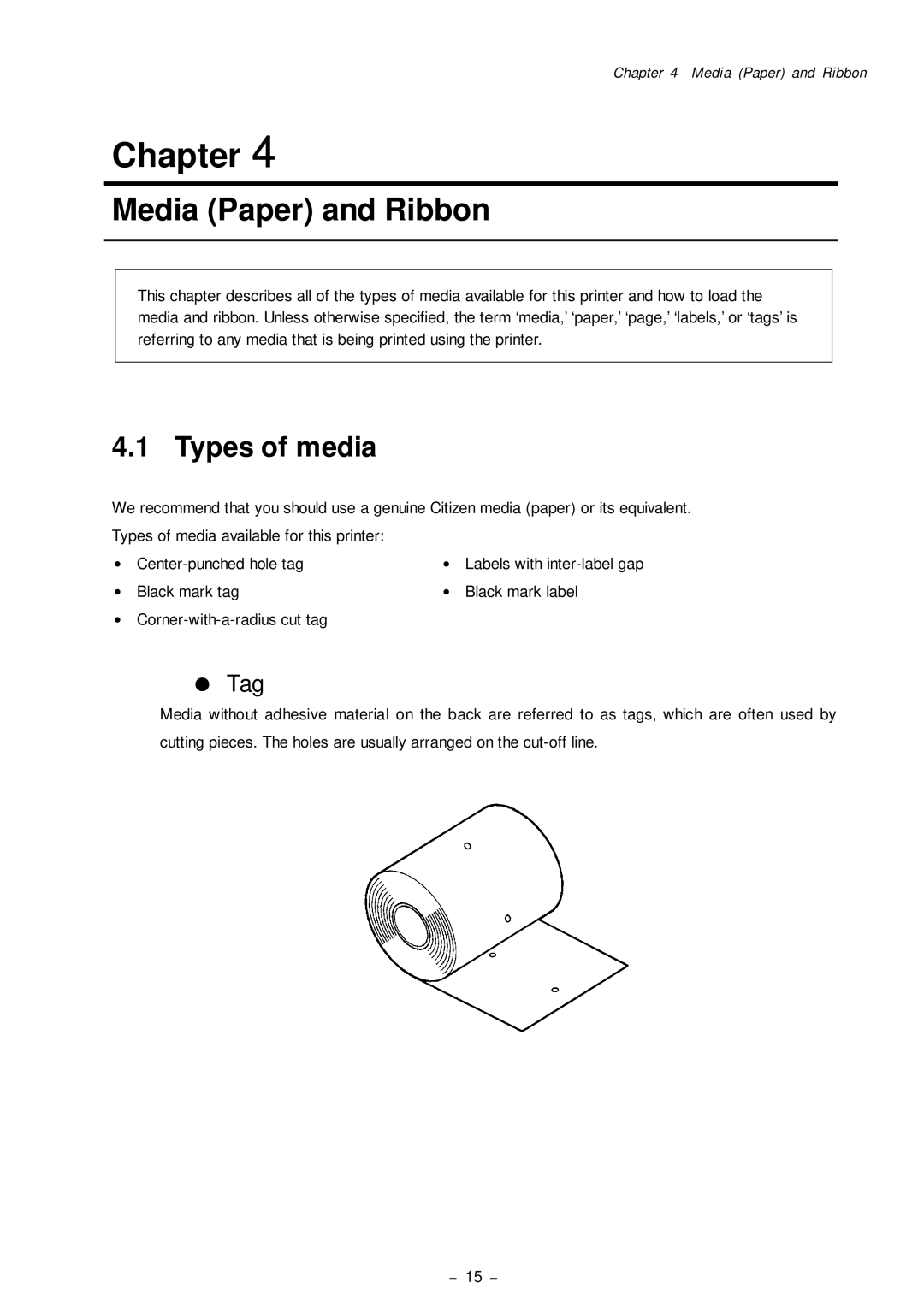 Citizen Systems CLP-8301 user manual Media Paper and Ribbon, Types of media 