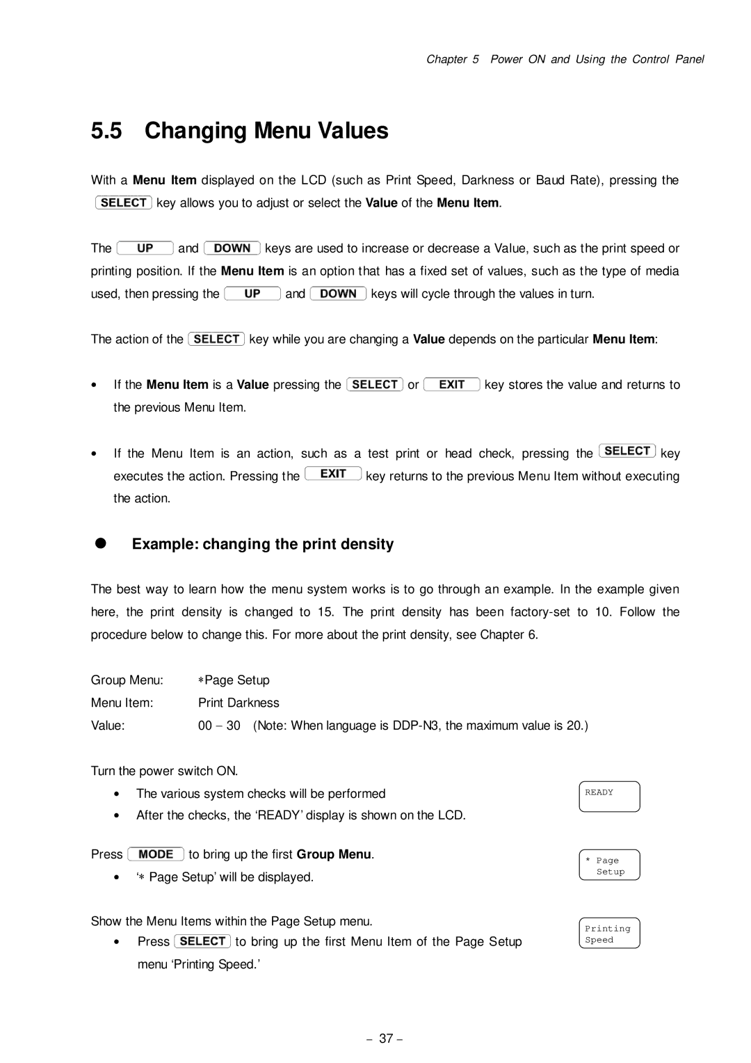 Citizen Systems CLP-8301 user manual Changing Menu Values, = Example changing the print density 