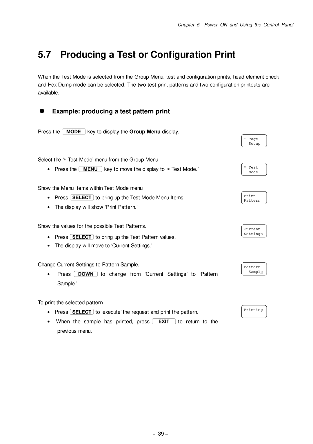 Citizen Systems CLP-8301 user manual Producing a Test or Configuration Print, = Example producing a test pattern print 