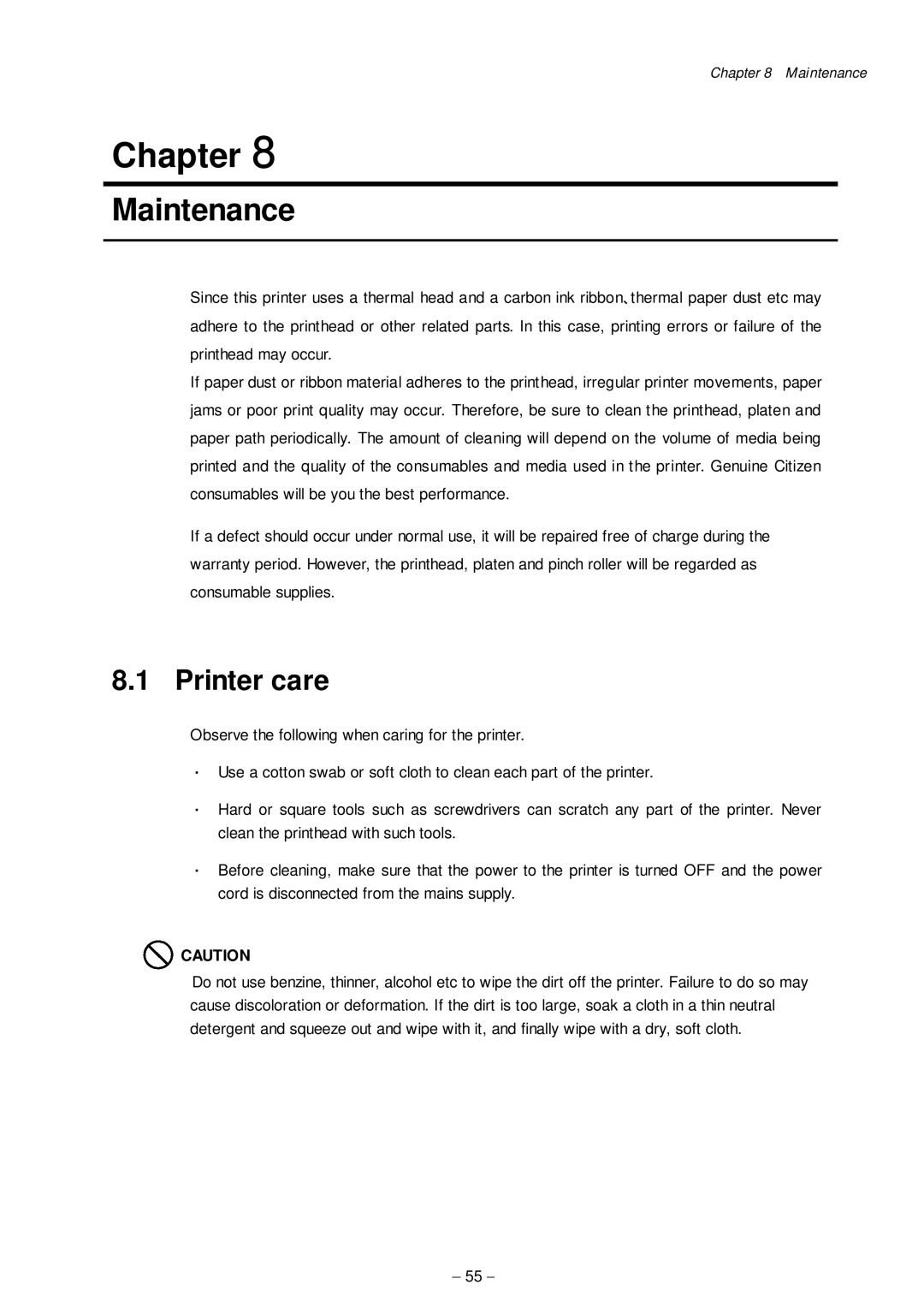 Citizen Systems CLP-8301 user manual Maintenance, Printer care 