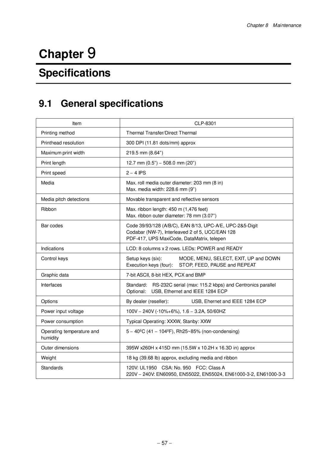 Citizen Systems CLP-8301 user manual Specifications, General specifications 