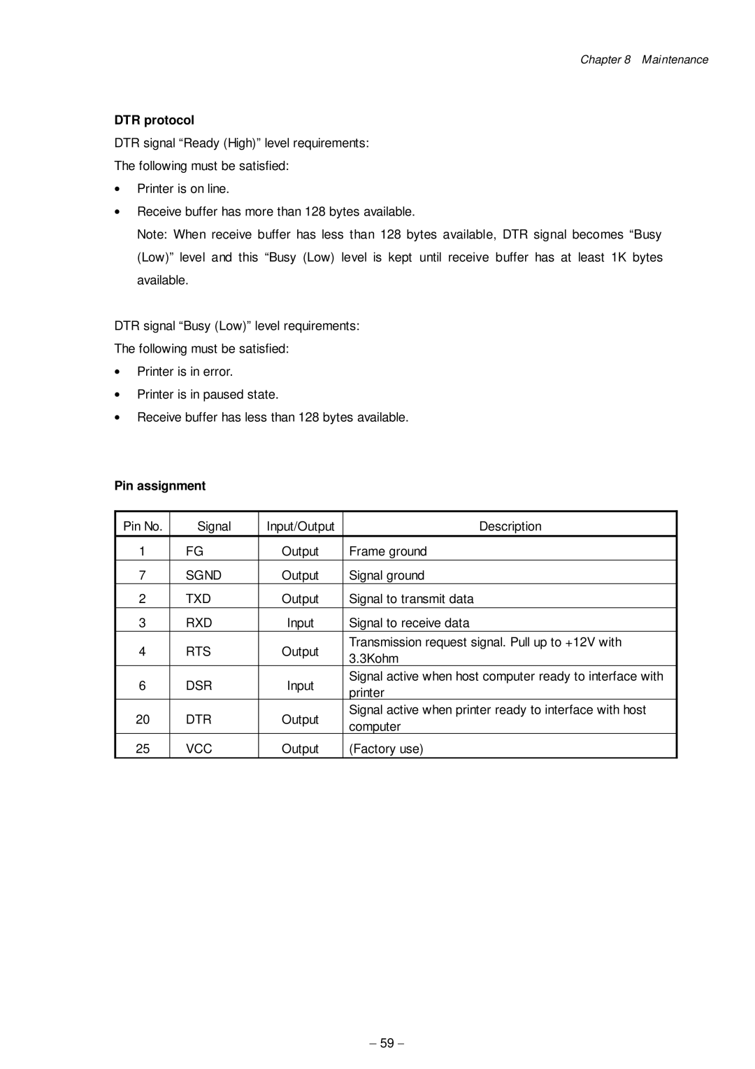 Citizen Systems CLP-8301 user manual DTR protocol, Pin assignment 