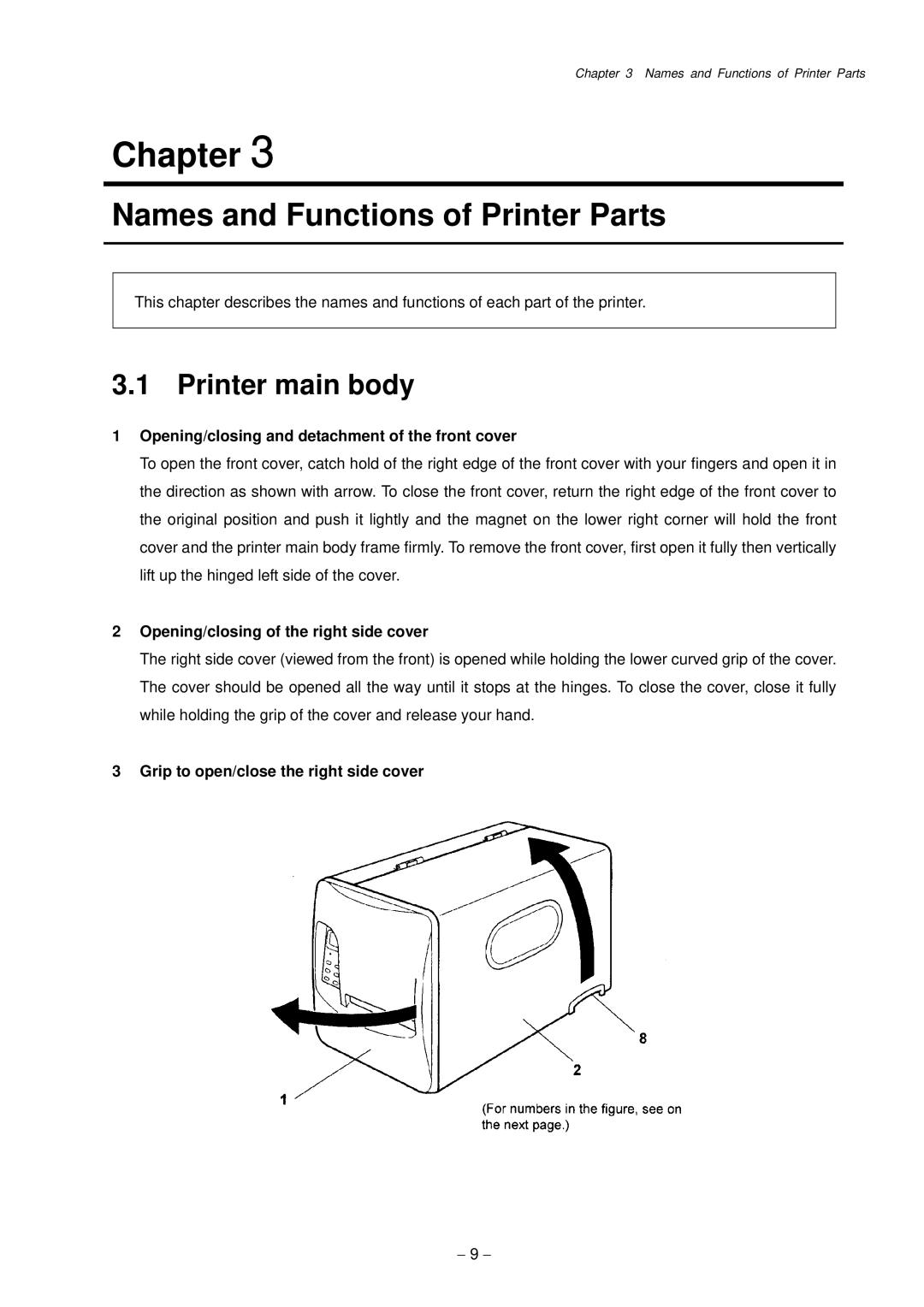 Citizen Systems CLP-9001 Names and Functions of Printer Parts, Printer main body, Opening/closing of the right side cover 