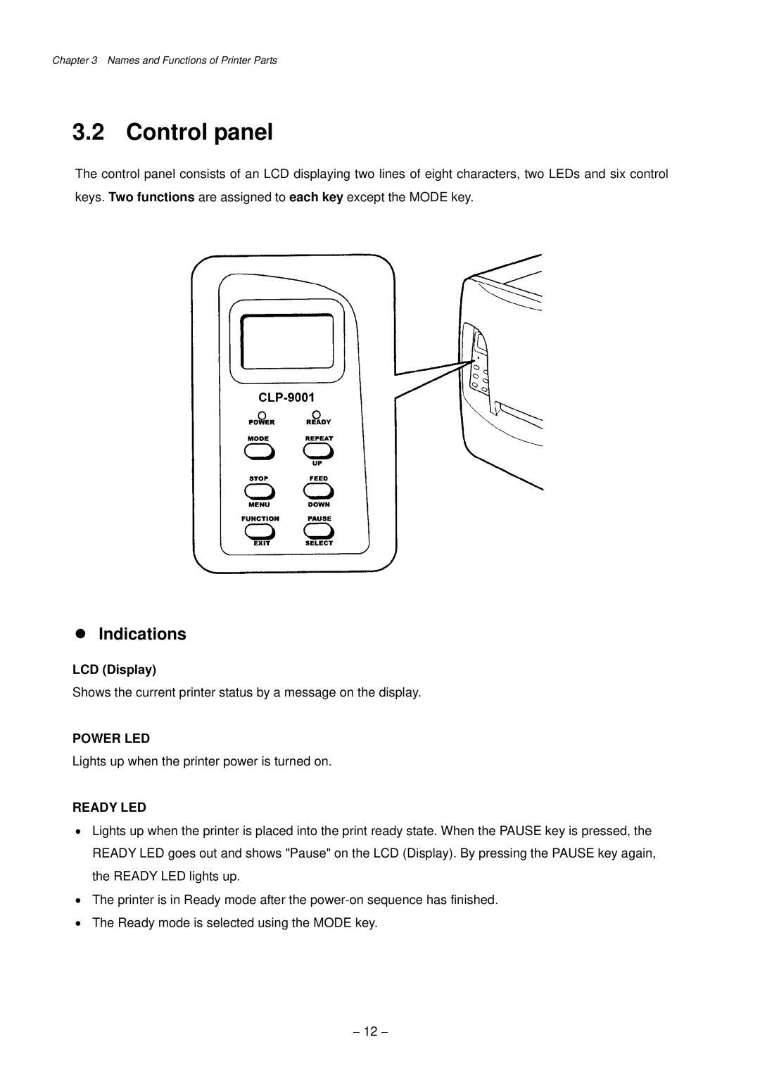 Citizen Systems CLP-9301, CLP-9001 user manual Control panel, LCD Display 